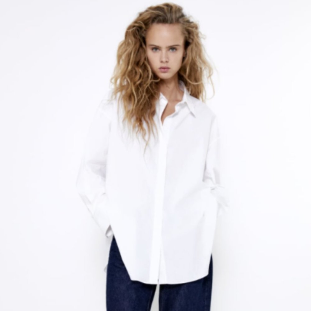 NWT Zara White Button Down Poplin Shirt